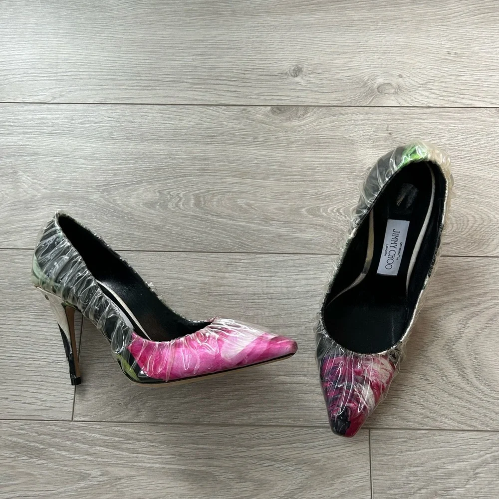 Off-White X Jimmy Choo Pink White Floral Satin Heels Plastic Overlay Size 37 - Picture 7 of 12